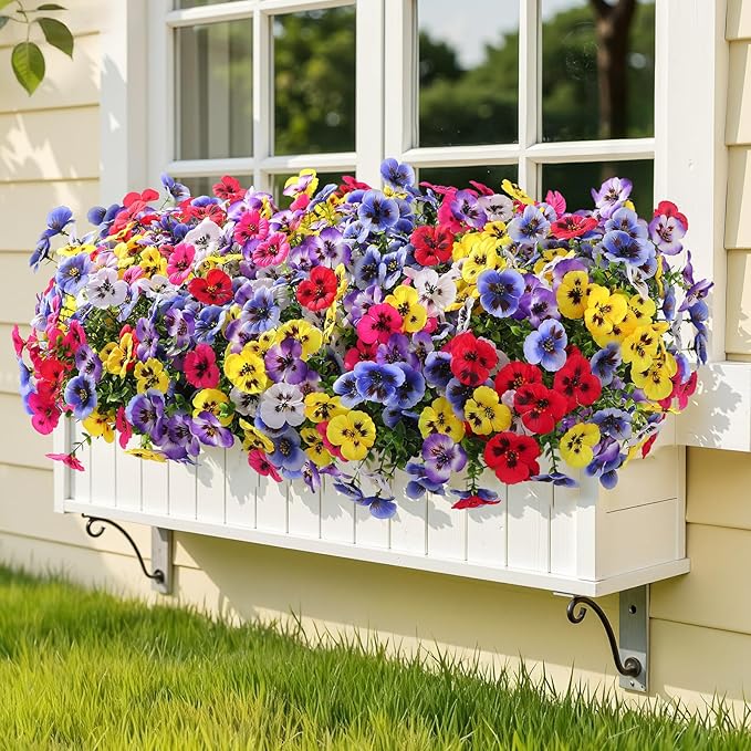 Alupssuc 24 Bundles Artificial Flowers for Outdoors, Fake Spring Flowers for Decoration, UV Resistant Realistic Pansies with Eucalyptus Silk Faux Flowers for Porch Patio Yard, 6 Mix Colors