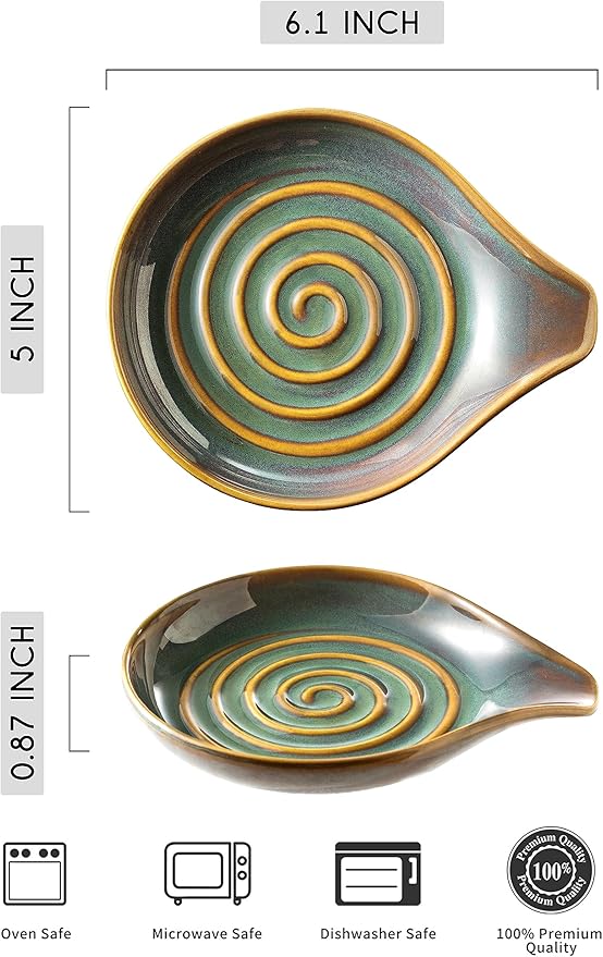 LAUCHUH Spoon Rest for Kitchen Counter,5" Spoon Holder for Kitchen Counter Stove Top Ceramic Spatula Holder for Mother's Day, Ladle, Spatula, Spoons or Tongs, Unique Green