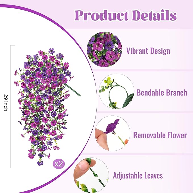 Ammyoo 2Pcs Fake Hanging Flowers for Outdoor Decoration Artificial Hanging Flowers Realistic Daisy Plants UV Resistant, Faux Silk Flower for Porch Patio Window Sill Outside Decor(Purple Deep Purple)