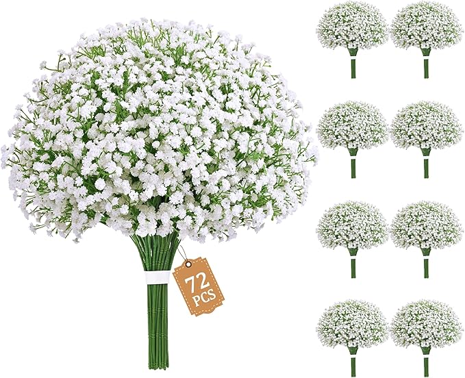 MARTINE MALL 72 Pcs Babys Breath Artificial Flowers, White Baby Breath Flowers Artificial Bulk Real Touch Fake Babys Breath Flowers Faux Gypsophila for Wedding Party Home Floral Arrangement Decor