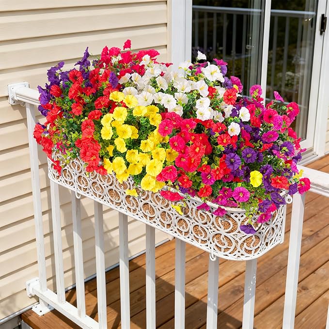 Hrobek Artificial Flowers for Outdoors, 12 Bundles Fake Plastic Petunias Flower Plant, Faux UV Resistant Silk Morning Glory for Outside Planter Garden Front Porch Door Spring Summer Decor