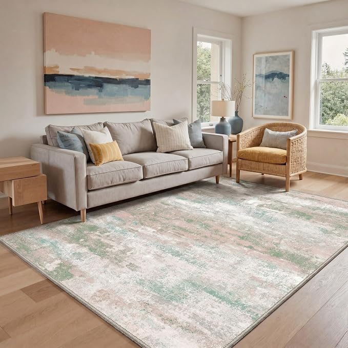 BEIMO 2X6 Runner Rug for Hallway Kitchen, Machine Washable Runners Rug for Entryway, Soft Modern Abstract Throw Rugs, Low Pile Floor Cover with Non Slip Backing, Light Pink Green