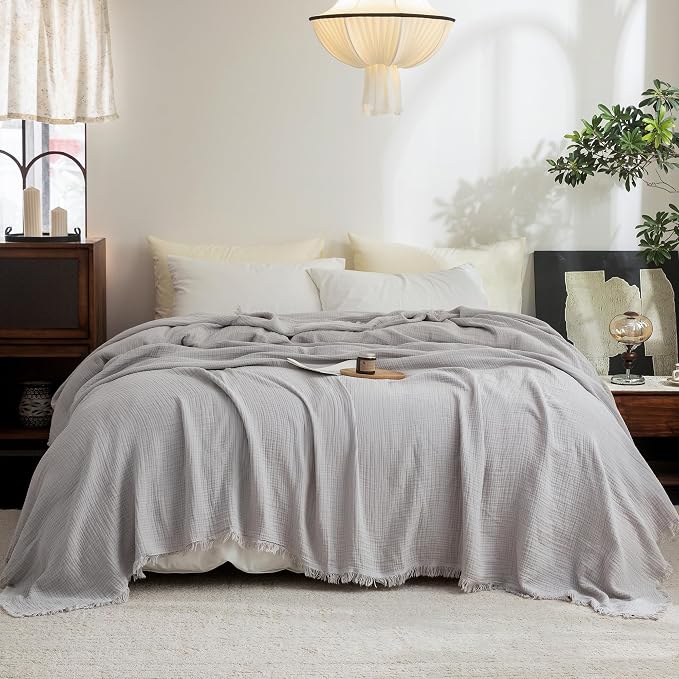 FOSSA Muslin Blanket 4-Layer 100% Cotton Gauze Blanket with Fringe 90"x90" | Super Soft Breathable Lightweight All Season & Decorative Blanket or Bed, Sofa, Office (Grayish,Queen)