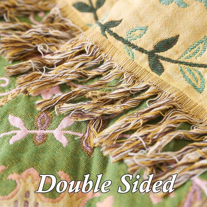 Snycler Boho Throw Blanket 91"x98" - 100% Cotton Ultra Soft Rustic Quilt, Green Floral Printed Farmhouse Decor for Bed, Sofa, Couch, Chair - All Season Cozy Blanket