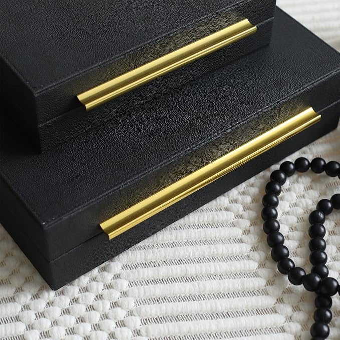 DECOR4SEASON Faux Shagreen Decorative Storage Boxes – Set of 3 Stackable Jewelry Organizers with Gold Metal Handles & Velvet Lining, Modern Black Box for Vanity, Entryway & Coffee Table Décor