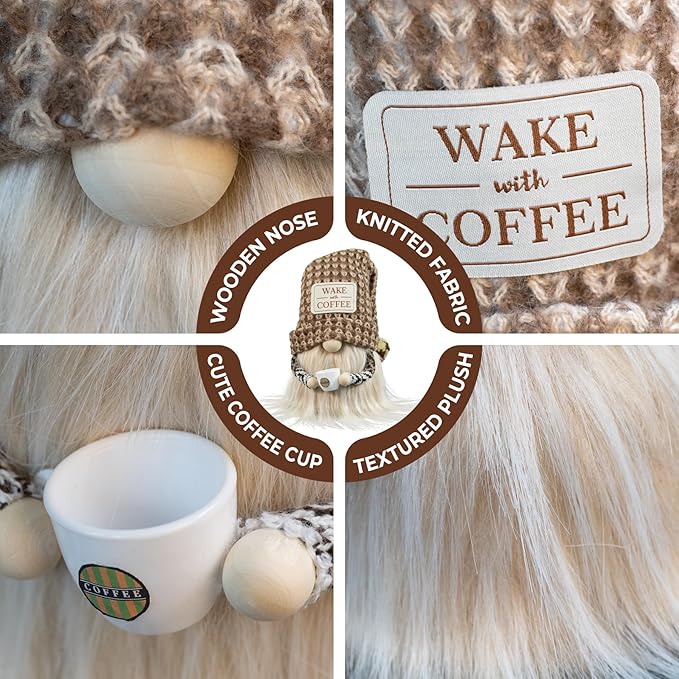 Coffee Gnome - Cute Plush Gnome Holding Cup, Handmade Bar Decor & Accessories, Gift for Coffee Lovers, Swedish Tomte Elf Dwarf for Station, Kitchen, Valentine, Christmas & Home Decorations