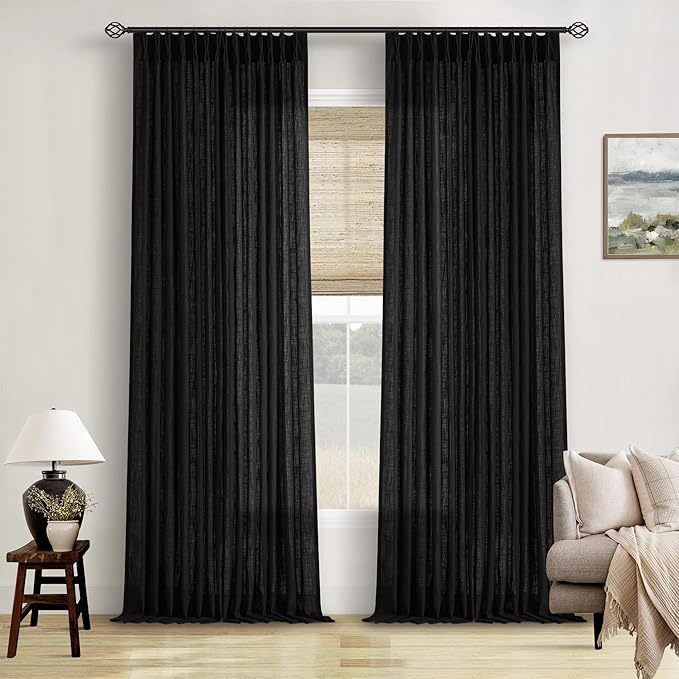 TWODRAPES Pinch Pleated Black Linen Curtains 96 Inches Long for Living Room Bedroom Light Filtering Boho Window Drape 96 Inch 2 Panels with Hooks Rings 8ft Black Sliding Glass Door Semi Sheer Curtain