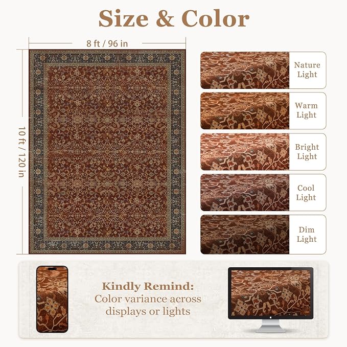 Living Room Rug 8x10 Deep Burnt Orange, Washable Non Slip Low Pile Thin Carpet for Dining Room, Vintage Print Area Rugs for Bedroom Home Office Old Money Aesthetic