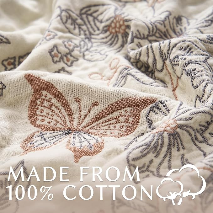 JINCHAN Boho Floral 100% Cotton Blanket 4-Layer Throw Blanket with Tassel Taupe and White Flower Butterfly Soft Luxury Rustic Farmhouse Decor Blanket for Couch Bed 80x90 inch All Season gift for women