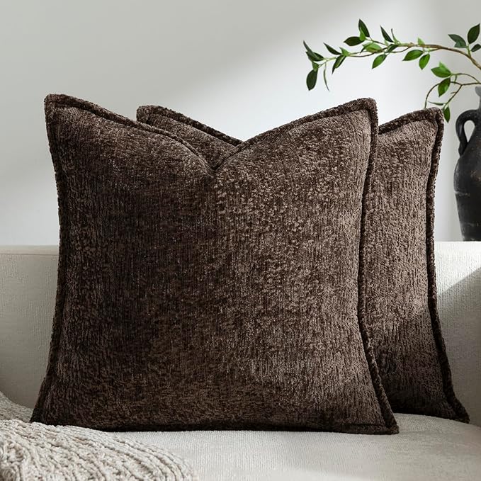 DEZENE Pack of 2 Chocolate Brown Decorative Throw Pillow Covers 16x16 Cozy Soft Chenille Accent Vintage Square Couch Pillow Covers for Home Decor Bed Sofa Living Room