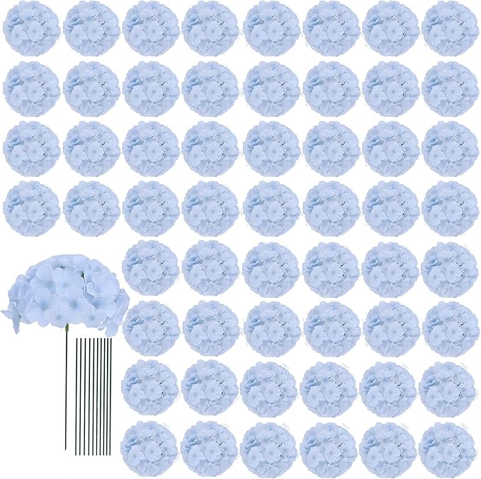 AVIVIHO 65pcs Baby Blue Fake Flowers Hydrangea Artificial Flowers Bulk (Not Squished, No Steaming Need) Silk Flowers with Stems for Home Weddings,Table Centerpieces,Party Arch Decorations