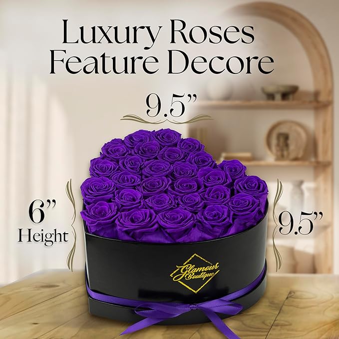 GLAMOUR BOUTIQUE 27 Flower Forever Heart Shape Box, Eternal Preserved Roses Gift for Her, Lasting Flowers, Premium Floral Heart Box for Birthday, Anniversary or Valentine’s Day, Purple (Color-Treated)