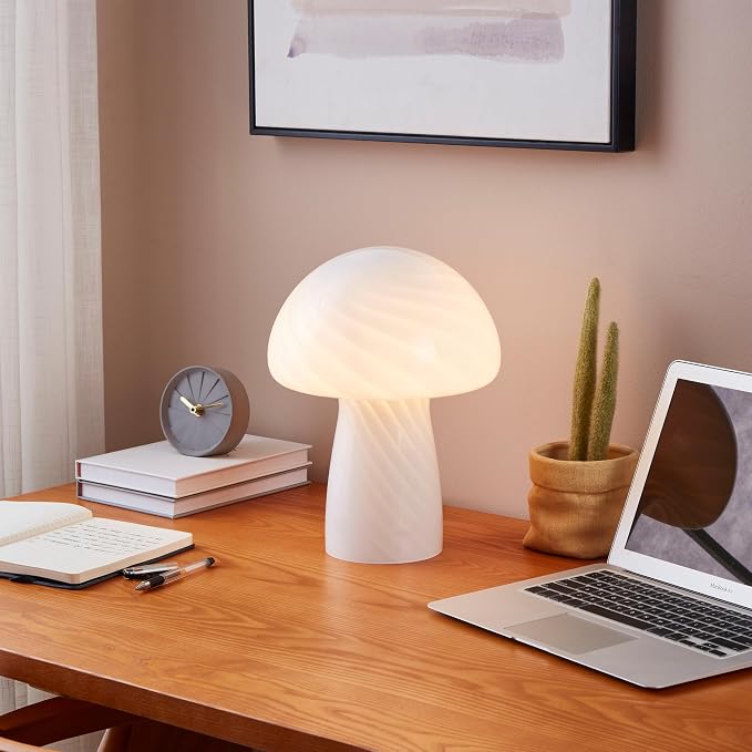 Brightech Mushroom Table Lamp 12.75" - Elegant Modern Glass Lamp for Bedside Tables, Nightstands, Desks, Bookshelves - Cozy Ambient Night Light with Warm White Lamp Living Rooms, Bedrooms - White