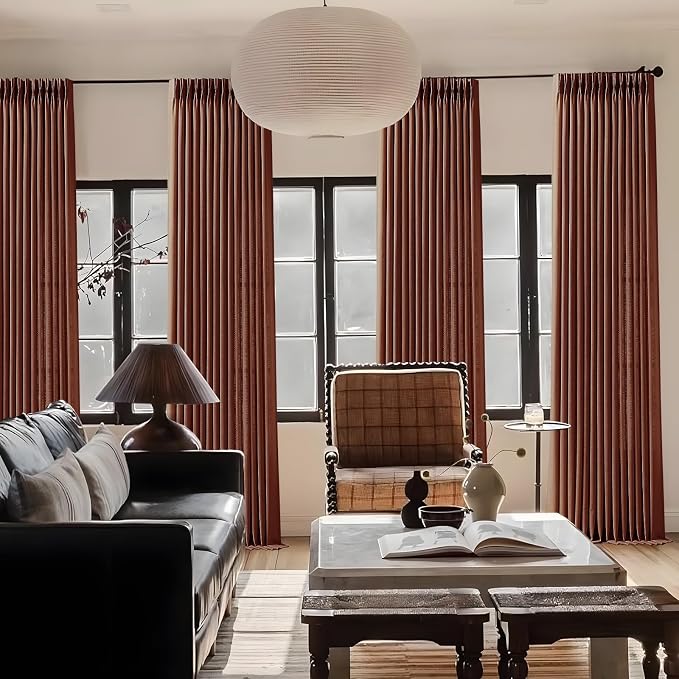 YZ HOME 90 Inch Curtains Pinch Pleated Linen Curtain for Living Room, Reddish Brown Light Filtering Pleat Drapes Textured Thick Ceiling Semi-Sheer Curtain with Hooks for Bedroom Study Room, 2 Panels