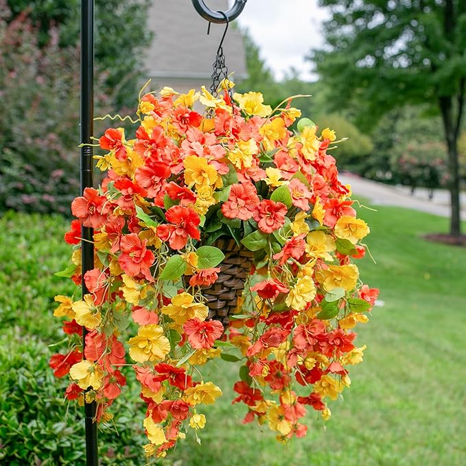 HyeFlora Artificial Fake Hanging Flowers Plants Baskets for Outdoor Decoration, 5Pcs Faux Silk Hibiscus Long Vines in Planter Look Real for Outside Home Porch Patio Garden (YellowOrange)