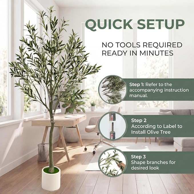 6ft Fake Olive Tree Artificial Indoor,Faux Olive Tree with Pot,Large Olive Branches and Lifelike Fruits,for Home Office House Living Room Decor.