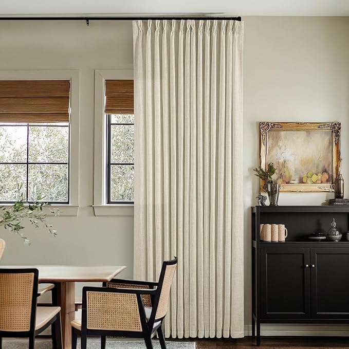 Beige Pleated Linen Curtains 105 Inches Long 2 Panels for Living Room Bedroom Memory Training Shaped Semi Sheer Neutral Flax Burlap Pinch Pleat Drapes Hooks Rings Light Filtering Window Curtain