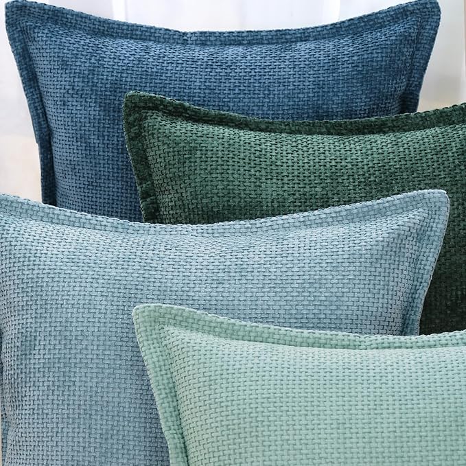 MADIZZ Decorative Chenille Velvet Throw Pillow Covers Set of 2 Soft Boho Textured Neutral Couch Throw Pillow for Bed Modern Farmhouse Home Decor for Sofa Livingroom Aqua Green 18x18 Inch