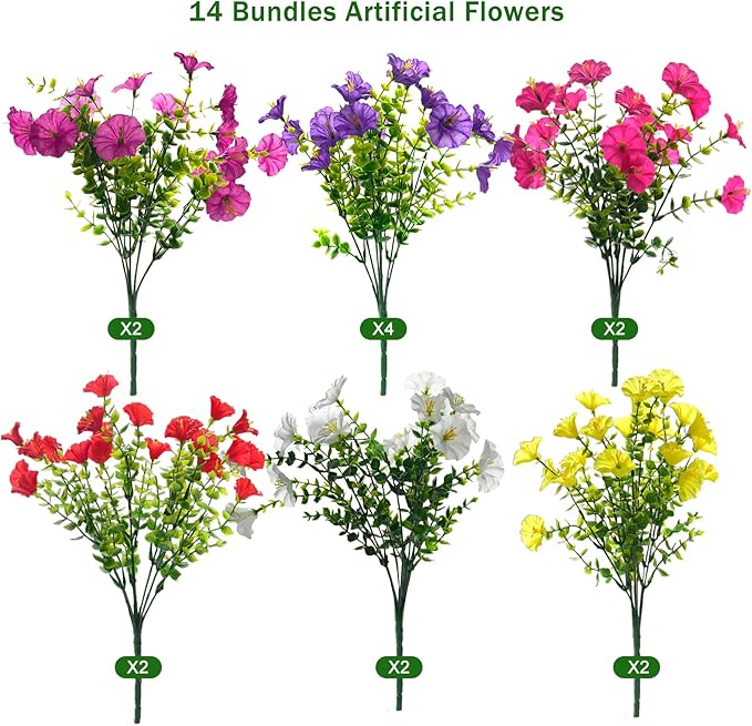 Fanfantoey Artificial Flowers for Outdoor, UV Resistant Fake Plants Outside Decoration, 14 Pcs Realistic Silk Morning Glory Faux Flowers for Porch Patio Gardens Home Decor(14, 6 Mixed)