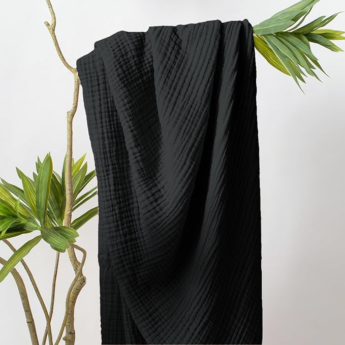 Carriediosa 100% Cotton Muslin Throw Blanket 66" X 90" Twin XL Size，4-Layers Summer Gauze Throws for Bed Couch，Soft Lightweight Breathable Linen Blankets Bedspread for Adults All Season，Black