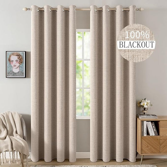 MIULEE 100% Blackout Linen Textured Curtains for Bedroom 100 Inches Extra Long Thermal Insulated Natural Beige Grommet Room Darkening Curtains & Drapes Luxury for Living Room Nursery (2 Panels)