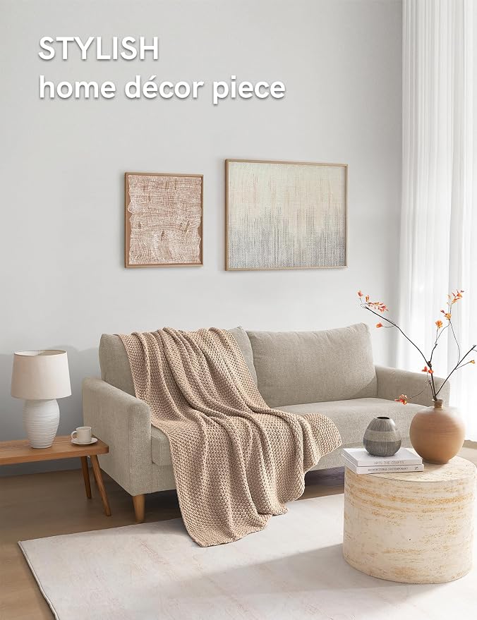 YnM Chunky Cotton Knit Throw Blanket, Cable Knit Throws for Bed Couch Sofa, Comfy & Relaxing, Decorative Piece for Farmhouse Modern Boho Rustic Scandinavian Chic Vibe, Beige 50x60 Inches