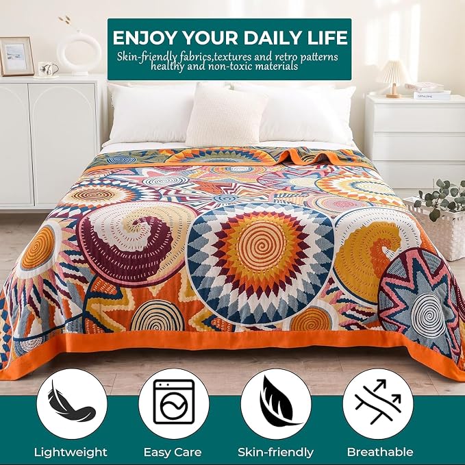 90"x108" Extra Large 4-Layer Gauze Summer Quilt for King Size Bed,100% Cotton Muslin Blankets for Adults,Reversible Boho Throw Blanket for Couch Bed Sofa Home Decor with Embroider Sun
