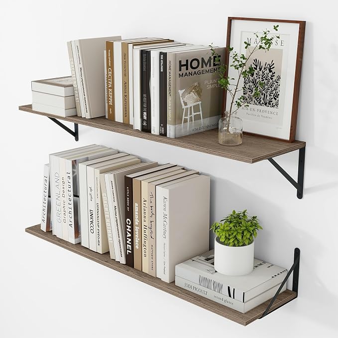 Vivelove Deep Floating Shelves for Wall, 36W x 8D Rustic Grey Wood Wall Shelves Set of 2, Large Floating Shelf for Living Room, Kitchen, Office, Bedroom and Decor Storage, with Metal Bracket - Grey
