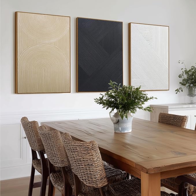 Large Boho Textured 3D Wall Art Neutral Set of 3-24"x36" Hand-Painted Abstract Framed Paintings for Living Room, Bedroom - Modern Minimalist Black White Neutral Boho Decor