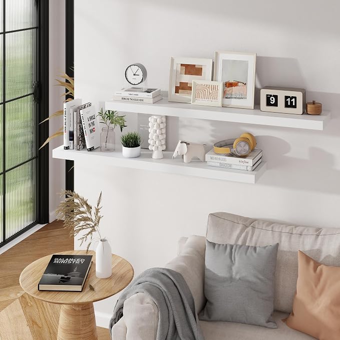Floating Shelves for Wall, 48 inch Extra Long White Floating Shelves, 9.3in Deep Wall Floating Shelf for Living Room, Bathroom, Kitchen, Office, Floating TV Stand, Fireplace Mantel, 2 Packs