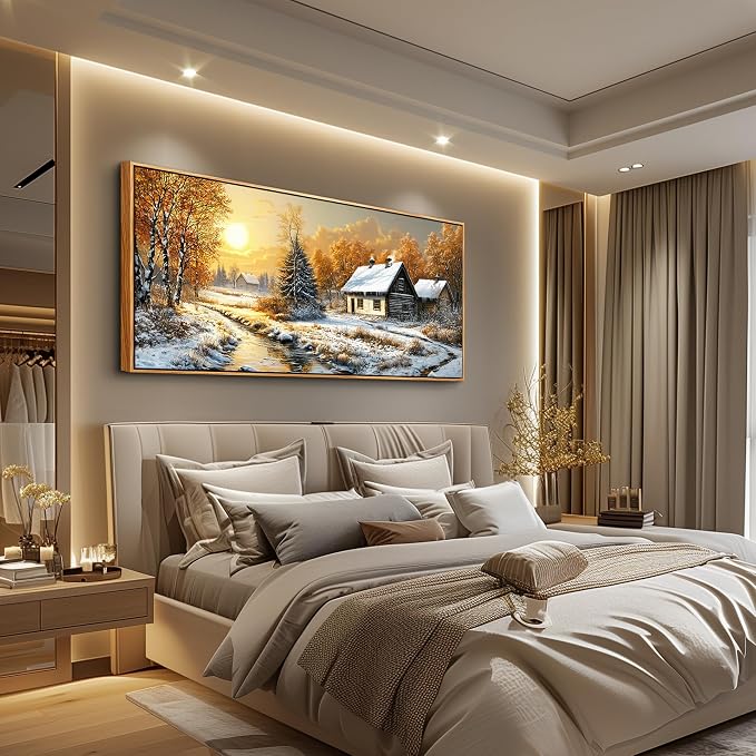 XIGUANGART Landscape Wall Art Framed,Large Canavs Wall Art,Snow Cottage with River Forest Pictures for Bedroom,Vintage Rustic Farmhouse Wall Decor Paintings for Living Room Bathroom Kitchen 20"X40"