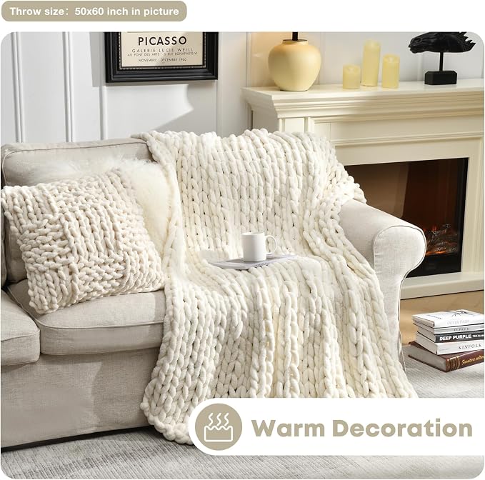 Soft Chunky Knit Blanket, 40X50 Inch Handmade Thick Chenille Yarn Throw Without Shedding & Raveling, Aesthetic & Cozy Home Decor with Couch Sofa Bed, Gift Pack, Ivory White