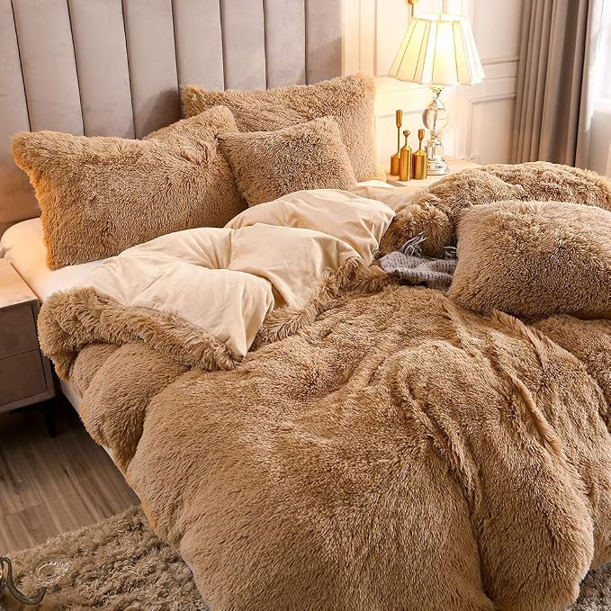 Faux Fur Velvet Fluffy Bedding Duvet Cover Set Down Comforter Quilt Cover with Pillow Shams, Ultra Soft Warm (King, Camel)