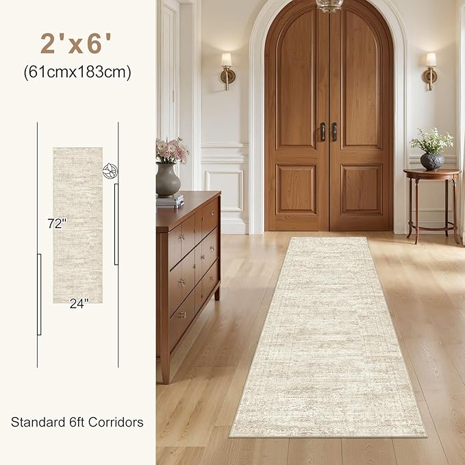 UERMEI 3X8 Washable Runner Rug for Hallway: Soft Neutral Modern Abstract Area Rug - Non-Slip Low Pile Long Throw Indoor Carpet for Kitchen Entryway Kitchen Bedroom Laundry Bathroom - Beige/Brown