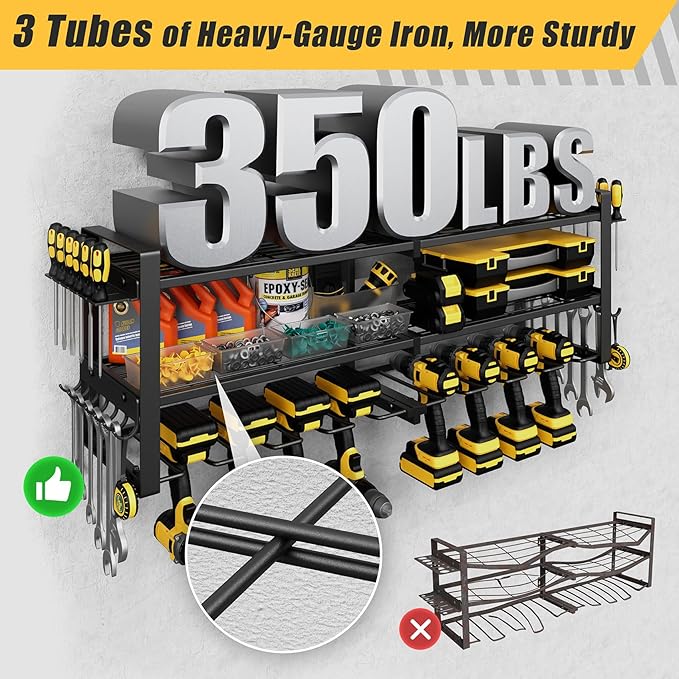 Jusgym Power Tool Organizer Wall Mount |350lbs Garage Storage Rack with 6 Cordless Drill Holder |3-Tier 32''W Heavy Duty Tool Storage Rack for Garage Organization |Gift for Men