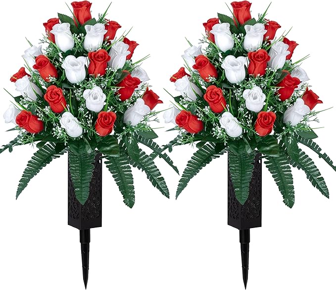 LVXINLI 2 Sets Artificial Cemetery Flowers,Outdoor Grave Decorations Roses,Beautiful Arrangements Bouquet with Cemetery Vase,Lasting and Non-Bleed Colors (White+Red)