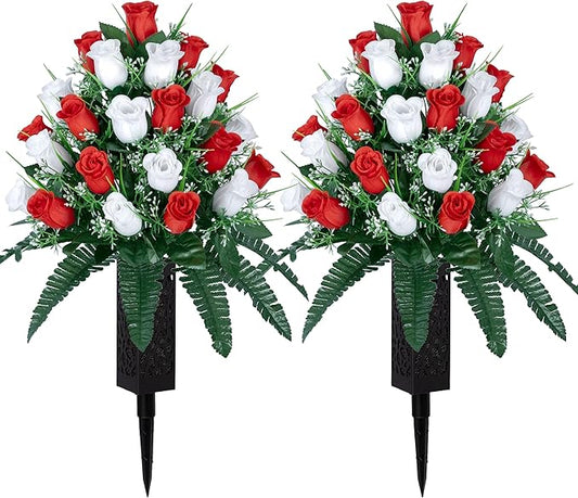 LVXINLI 2 Sets Artificial Cemetery Flowers,Outdoor Grave Decorations Roses,Beautiful Arrangements Bouquet with Cemetery Vase,Lasting and Non-Bleed Colors (White+Red)