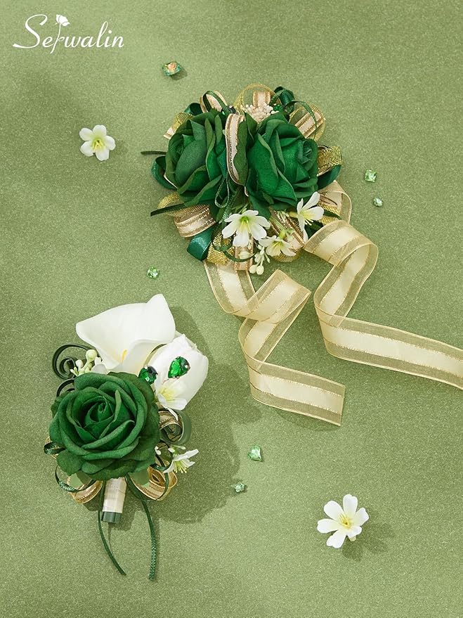Serwalin Green Prom Corsage and Boutonniere Set, Artificial Calla Lily & Rose Wrist Corsage Wristlet for Homecoming, Formal Dance, Wedding Flower Accessories Suit Decorations