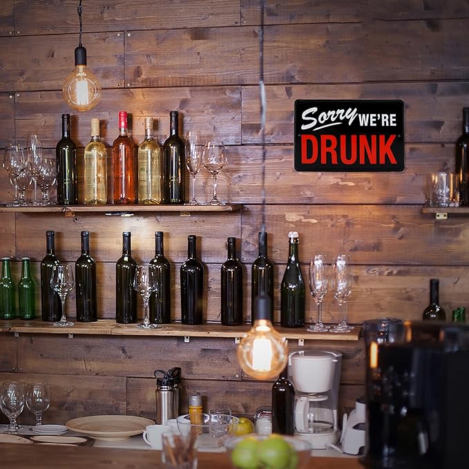 Funny Drinking Wall Decor Sign - I'm Sorry We're Drunk Vintage Metal Tin Sign for Man Cave, Home Bar, Garage, College Dorm Room Decor - Party Posters, Retro Beer Decorations, Wall Art - 12"x8" Black