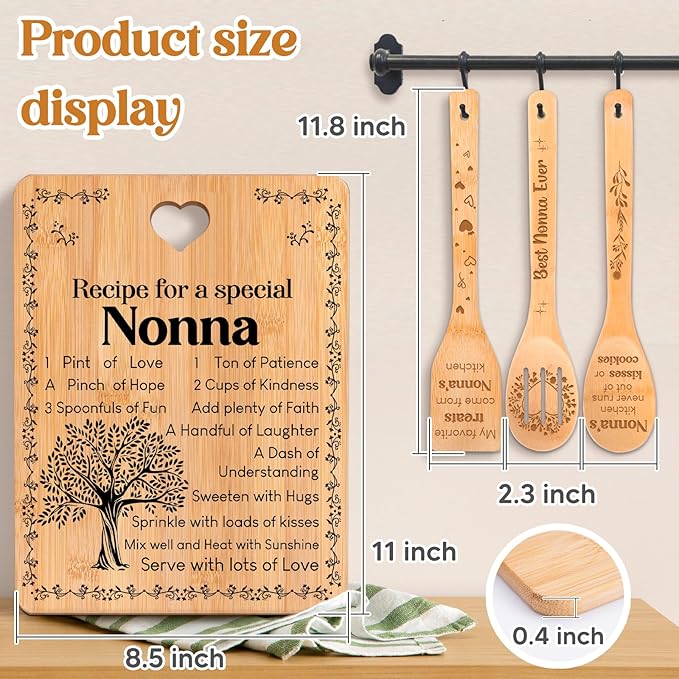Nonna Gifts - "Recipe for a Special Nonna" Gifts for Nonna Cutting Board Set, Bamboo-Made Engraved Utensil Set Nonna Gifts for Grandma Cutting Board, Mothers Day Gifts for Nonna.