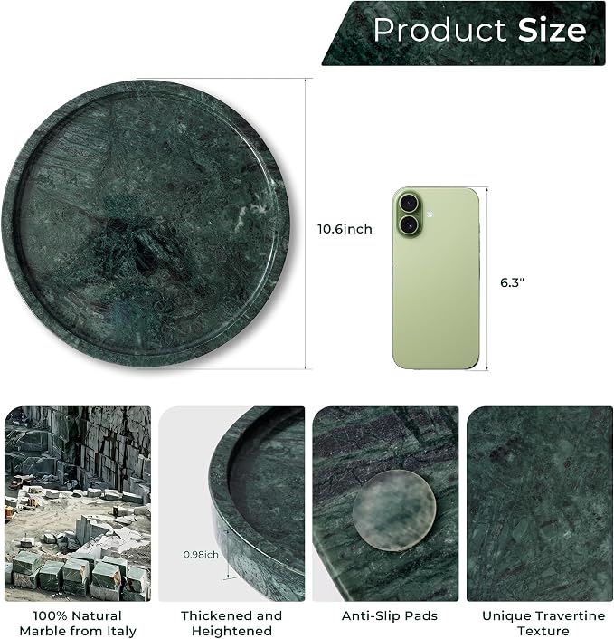 Natural Marble Decorative Tray for Bathroom Bedroom Kitchen, Large 10.6" Round Vanity Trays for Jewelry, Perfume, Cosmetic, Candle, Countertop Storage Organizer for Home Decor Green (WH110)
