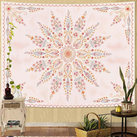 Fowocu Boho Floral Mandala Tapestry for Bedroom Aesthetic Pink Bohemian Flower Wall Tapestry Watercolor Hippie Indian Tapestries Wall Hanging for Living Room Dorm Decor 60 x 44 Inch