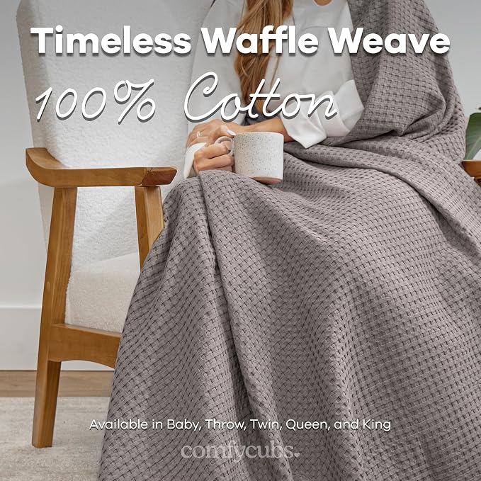 Comfy Cubs Waffle Blanket Twin, 90" x 66" - 100% Cotton Lightweight Breathable Bed Blanket - Soft Textured Thermal Weave for All Seasons – Decorative Cozy Layer for Couch, Sofa, or Bed - Charcoal