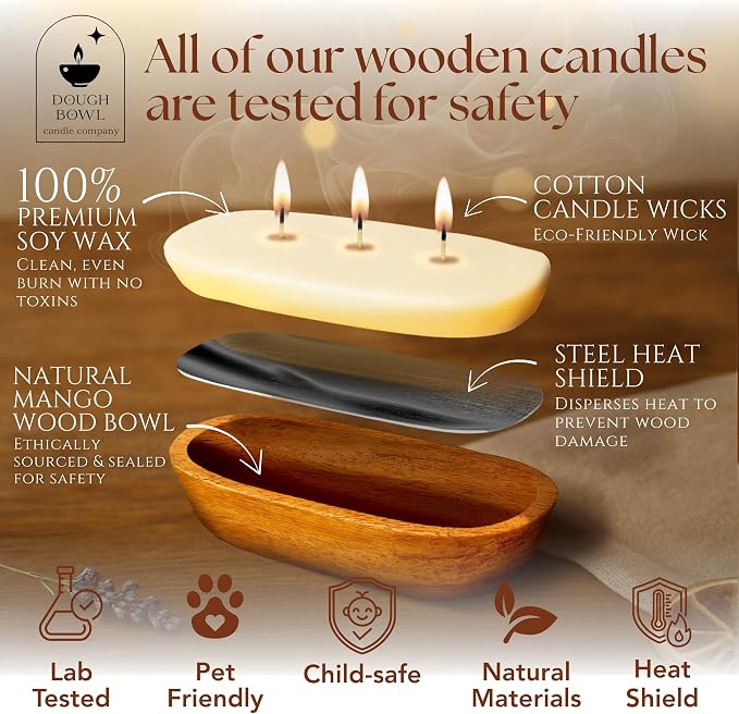 Dough Bowl Candle Co. Mediterranean Fig Soy Candle - 6 Wick Rustic Farmhouse Coffee Table Decor, Odor Eliminator in Wooden Bowls, 32 Ounce Wooden Dough Bowl Candle, All-Natural Gifts for Women or Men