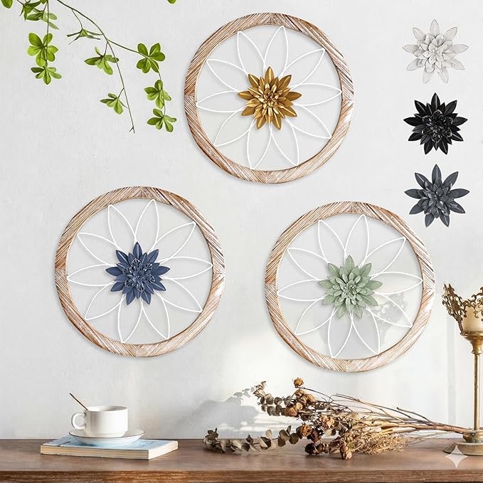 Paquesta 3 Piece Round Farmhouse Wall Decor with 6 Piece Interchangeable Flowers 15.75'' Medallion Wood & Metal Rustic Wall Art for Living Room Bedroom Kitchen Bathroom Dining Room Home Decorations (large white wheel)