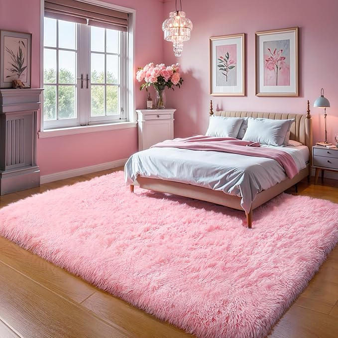 KICHOWUA Thick Area Rug 4x6 Pink Fluffy Shag – Ultra Soft Thickened Plush Washable Carpet, Non-Slip Fuzzy Shaggy Rug for Girls Bedroom, Kids’ Room, Nursery, Baby, Dorm, Living Room Cozy Décor