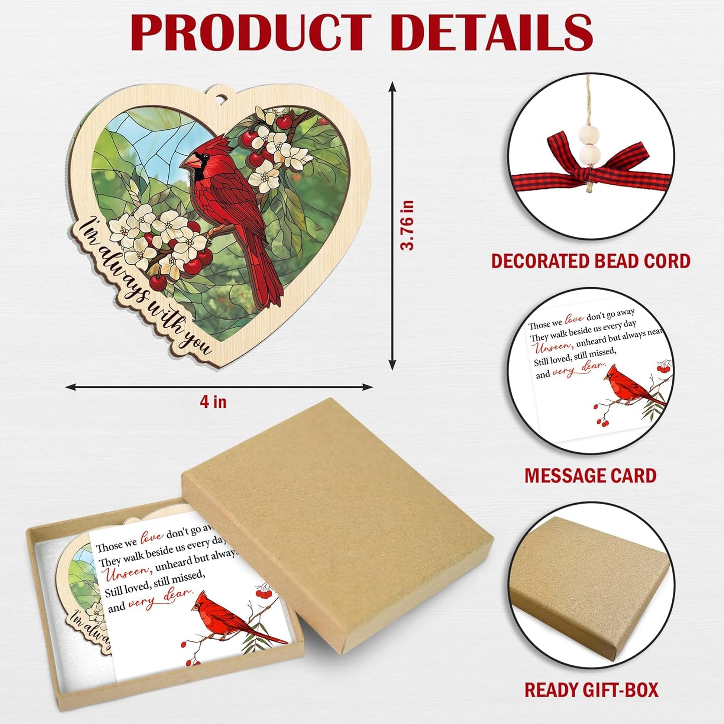 FLAGWIX Sympathy Gifts for Loss of Loved One - Red Cardinal Suncatcher Ornament with Card - Bereavement Gift Ideas, Sympathy Gifts for Loss of Dad Mom, Red Cardinal Memorial Gift for Women Men