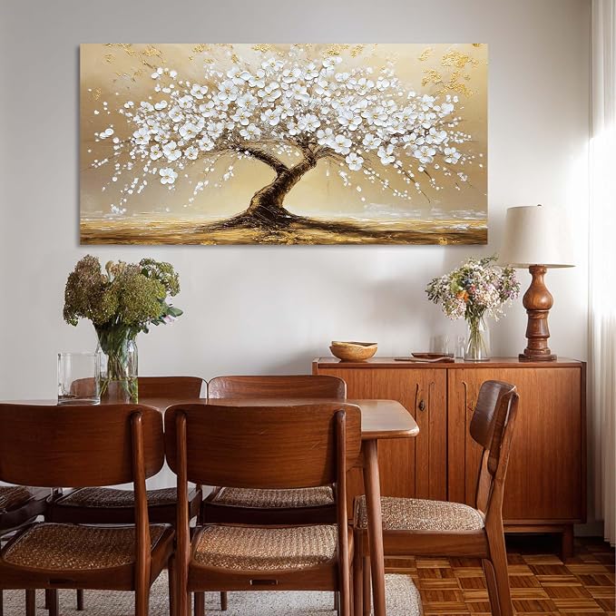 Ggaafet White FLower Tree Wall Art for Living Room Canvas Oil Painting Prints Beautiful Gold Floral Blooming Art Deco Modern Artwork Office Bedroom Family Dining Room Decor Extra Large