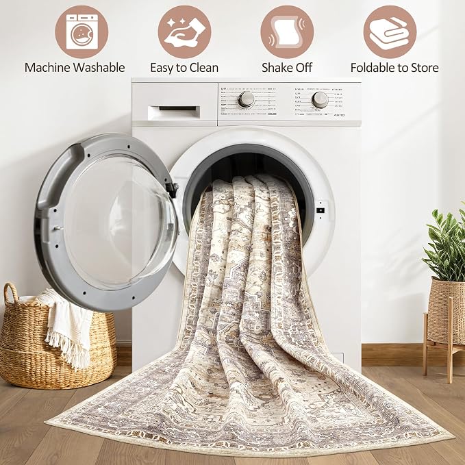 7x10 Area Rug Living Room: Washable Boho Large Neutral Vintage Soft Rugs Stain Resistant Farmhouse Non-Slip Indoor Floor Carpet for Bedroom Nursery Kids Playroom Office Dining Room- Beige Brown