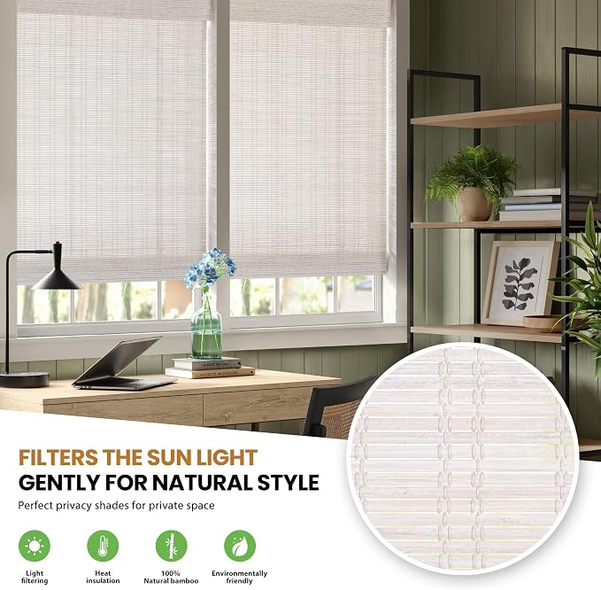 LazBlinds No Drill Bamboo Roman Shades, 26x64, Ceylon Vintage White | Light Filtering Window Treatment, No Tools Cordless Roll Up Bamboo Blinds for Window